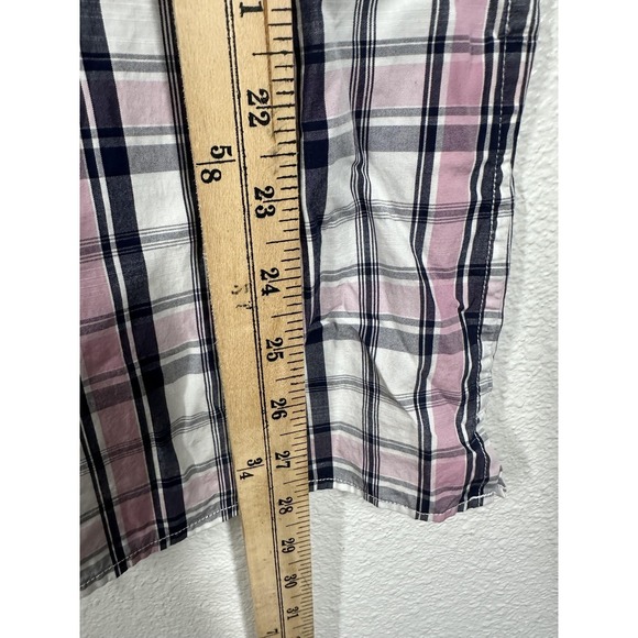 Vince Shirt Mens Medium Pink White Navy Plaid Short Sleeve Button Up Casual - Picture 5 of 7